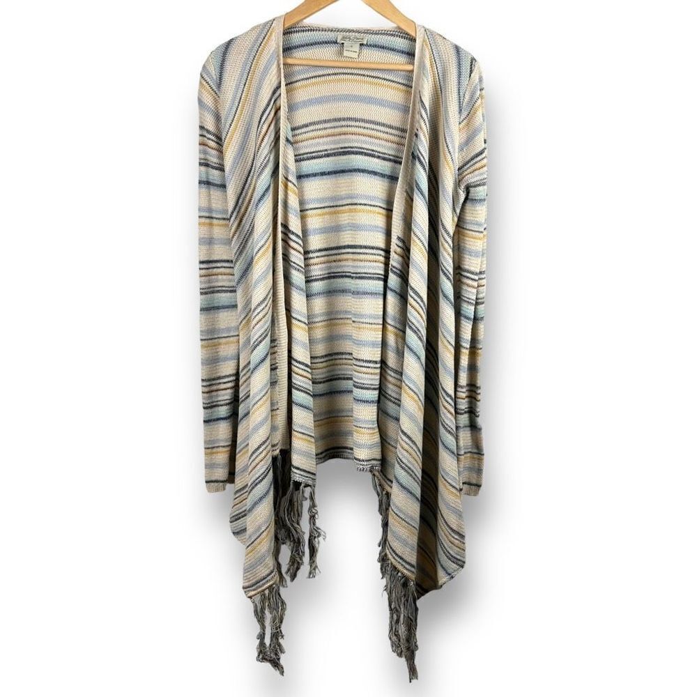 Lucky Brand striped fringe drape open front‎ cardigan size S